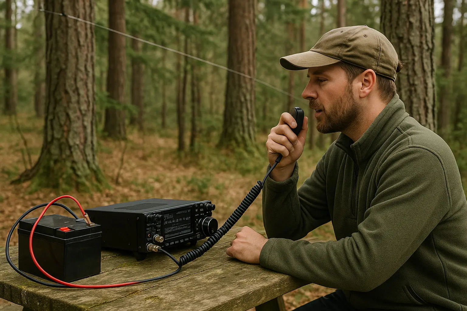 Portabelstation mit Kurzwellen-Transceiver, Akku und zwischen Bäumen gespannter Drahtantenne; Funker spricht ins Mikrofon
