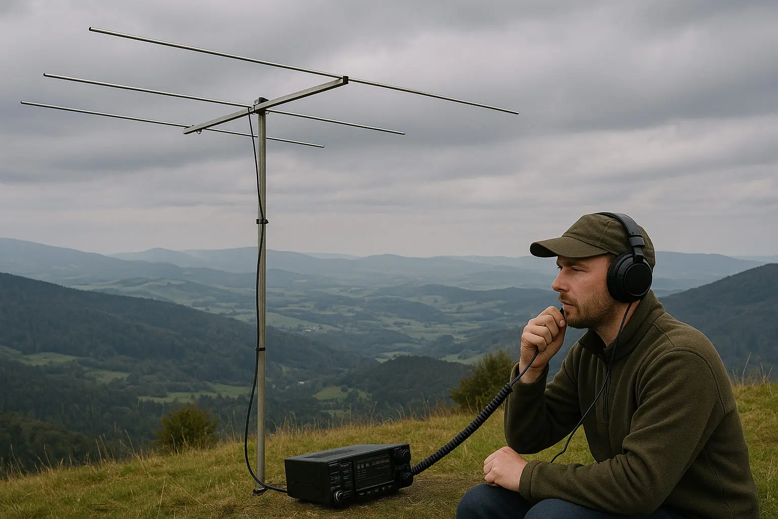 Leichte 2-m-Yagi horizontal auf Mast; Operator hört mit Kopfhörer; freie Sicht vom Hügel