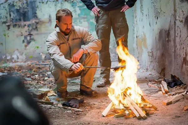 Kleine Flamme brennt auf einem Holzstapel, während jemand ein Stock hält