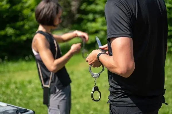 Handschellen werden von einer Person gehalten, während eine andere mit einem Messer hantiert