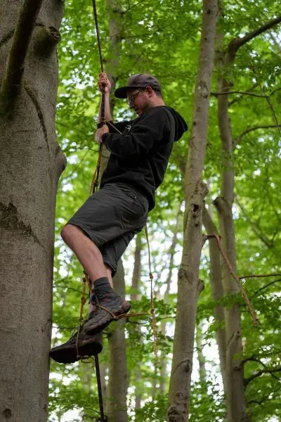 Person klettert an einer Seilbrücke zwischen Bäumen