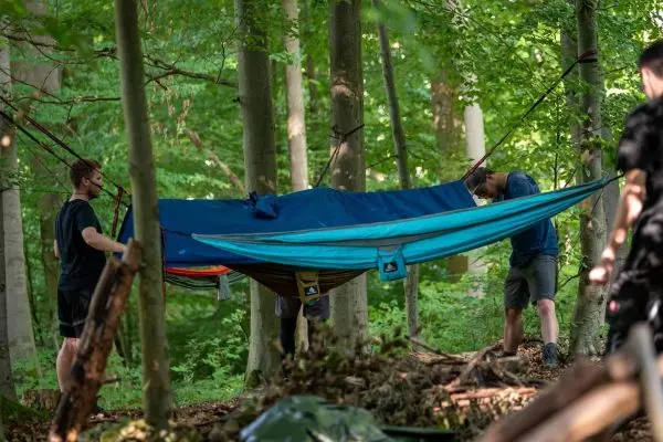 Personen bauen eine Hängematte zwischen Bäumen auf