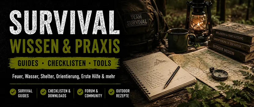 Survival-Wissen von Team-Survival: Guides, Checklisten und Themen zu Feuer, Wasser, Shelter und Orientierung