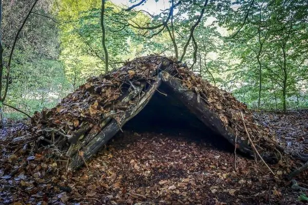Laubhütte aus Ästen und Blättern im Wald