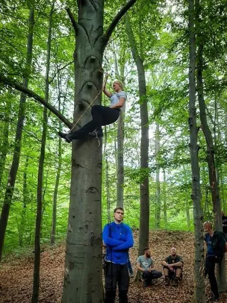 Person sitzt auf einem Baum und sichert sich mit einem Seil beim Überlebenstraining