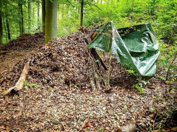 Tarp-Notunterkunft aus Ästen und Laub im Wald
