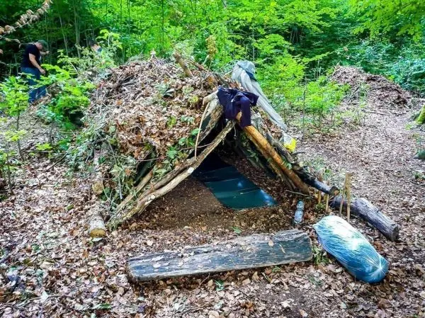Tarp-Notunterkunft aus Ästen und Laub in einem Waldgebiet