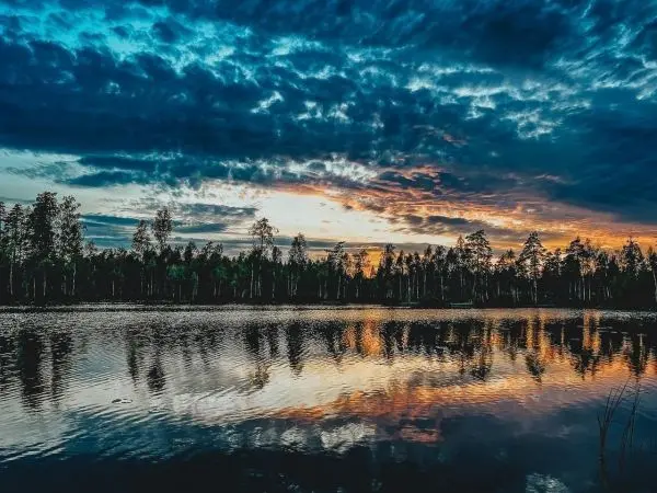 Wasserfläche spiegelt den Himmel und Bäume am Ufer wider