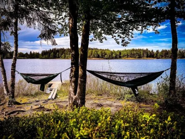 Zwei Hängematten hängen zwischen Bäumen am Ufer eines Sees