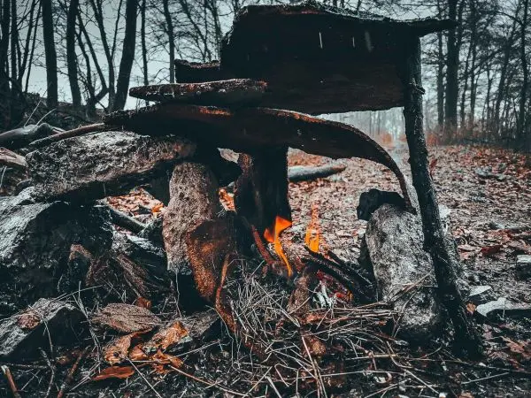 Feuerstelle aus Steinen und Holz mit Flammen sichtbar