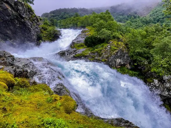 Schnelles Wasser fließt über felsige Ufer in bewaldeter Umgebung