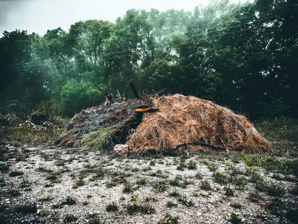 Tarp-Notunterkunft aus Ästen und Gras in bewaldeter Umgebung