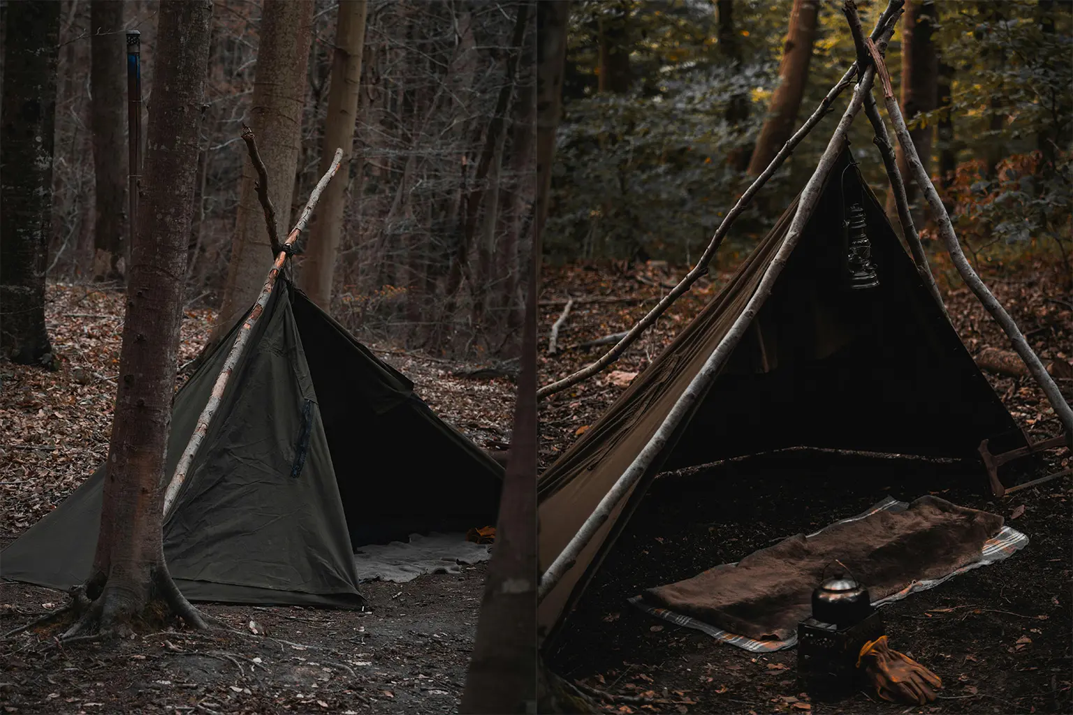 Frame mit Dreibein am Eingang; dunkles Tarp, Laubboden.