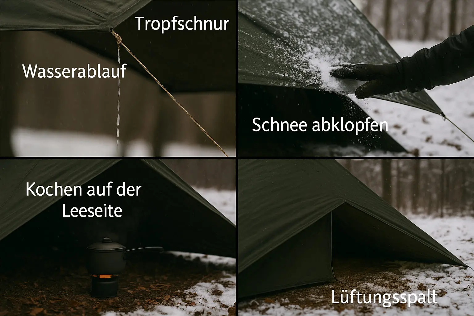 Vier Fotopanele: Tropfschnur erzeugt definierten Wasserabriss; Schnee wird von der Tarpfläche abgeklopft; Kocher sicher auf der Leeseite platziert; Lüftungsspalt verhindert Kondens und führt Abgase ab.