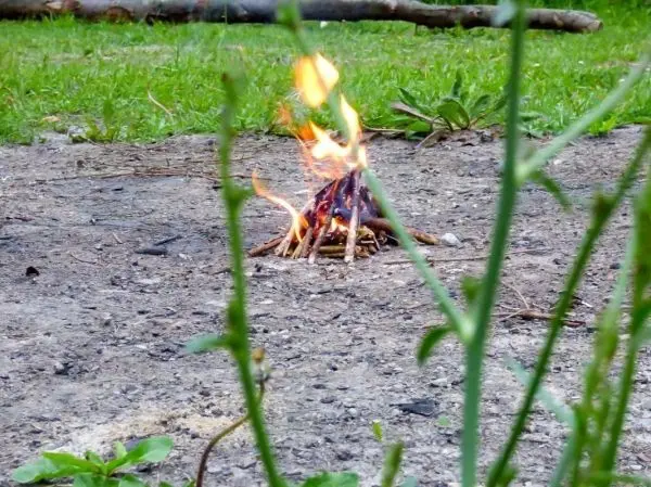 Kleinfeuer aus Ästen brennt auf dem Boden