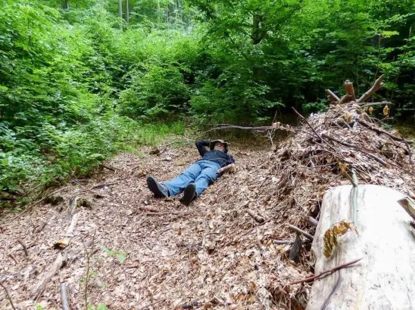Person liegt auf dem Boden in einem Waldgebiet neben einem Haufen aus Ästen