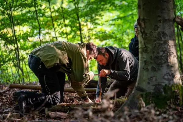 Zwei Personen arbeiten am Boden mit Holzstücken im Wald
