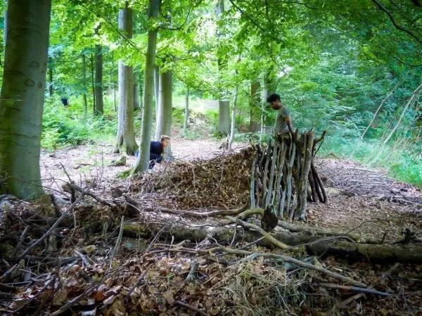 Zwei Personen bauen eine Laubhütte aus Ästen und Laub im Wald