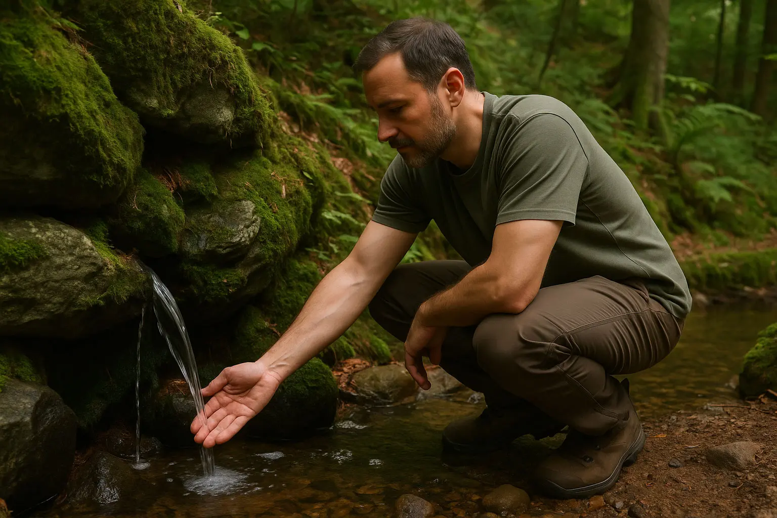 Waldquelle: klares Wasser tritt direkt aus moosbewachsenen Felsen aus. Ein Mann hockt davor und hält prüfend die Hand in den Quellaustritt.