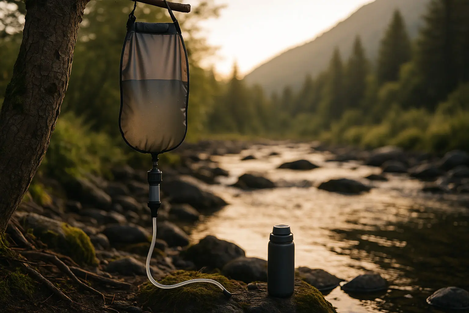 Outdoor-Wasserfilter im Feld: Hohlfaser-Filter mit Schwerkraftbeutel an einem Bach