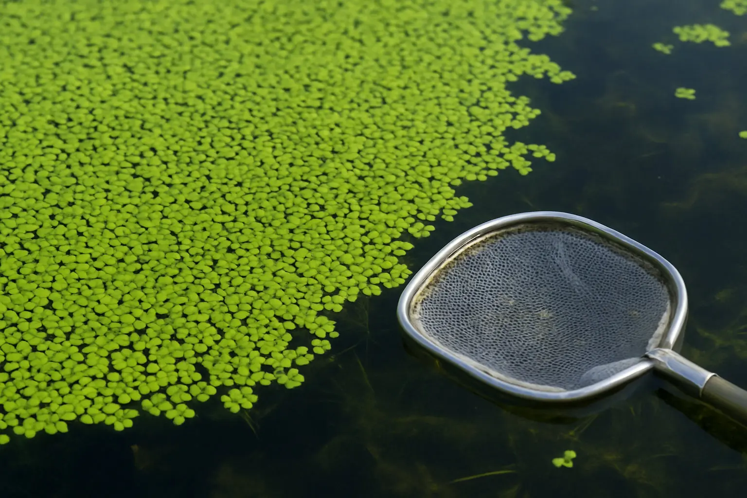 Dichte Matte aus Wasserlinsen auf einem stillen, klaren Gewässer