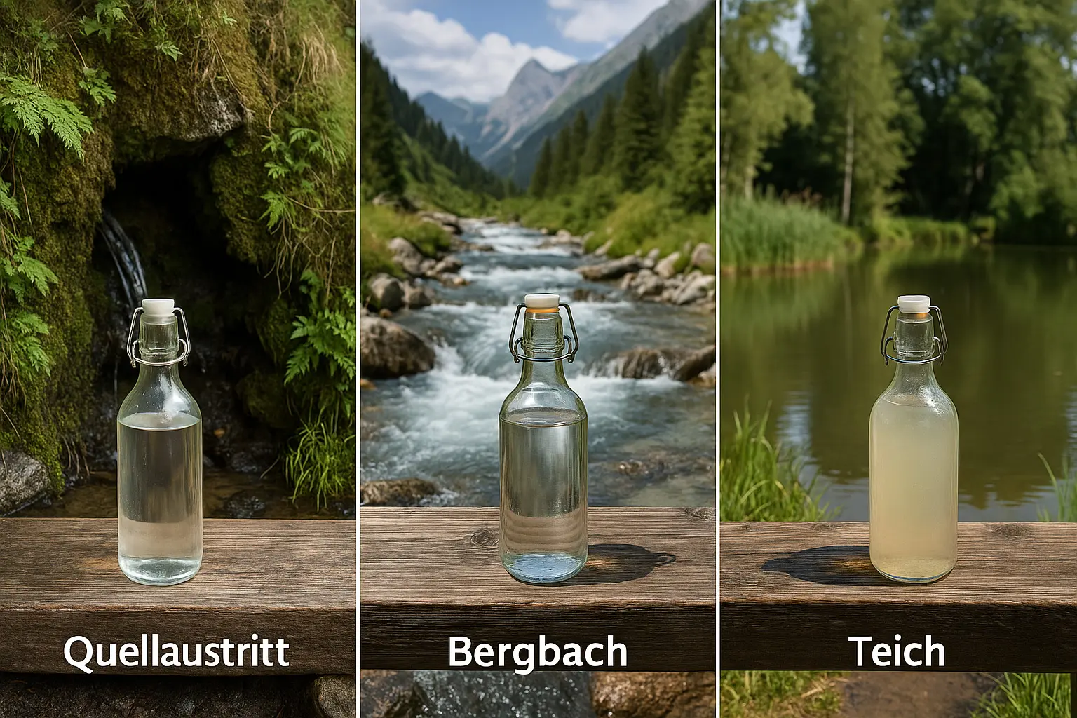 Vergleich unterschiedlicher Wasserquellen: Quellaustritt, Bergbach, Stauteich