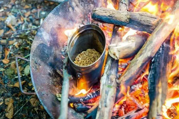 Eisenkessel mit Nudeln über offenem Feuer auf einem Grillrost erhitzt