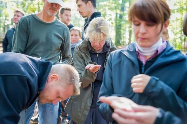 Gruppe von Personen betrachtet etwas in ihren Händen im Wald