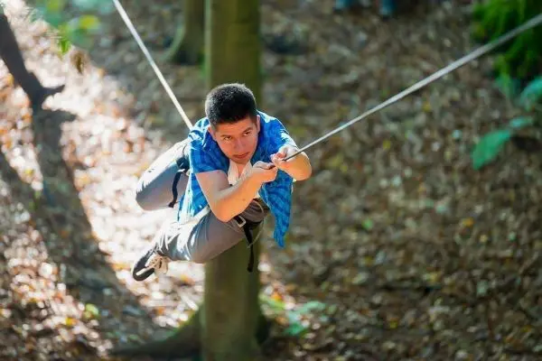 Junge schwingt an einer Seilbrücke zwischen Bäumen im Wald