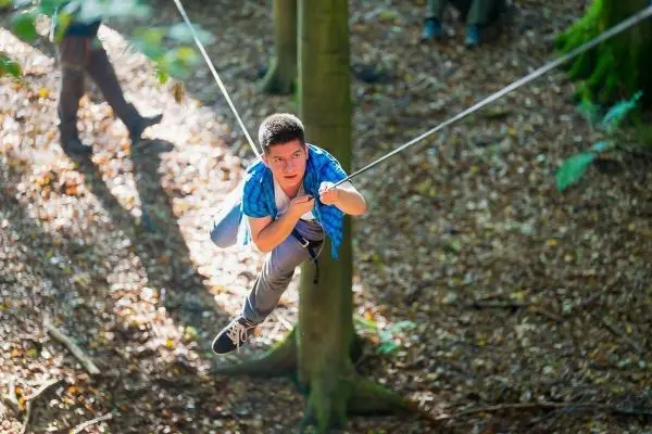 Junge schwingt an einer Seilbrücke zwischen Bäumen im Wald