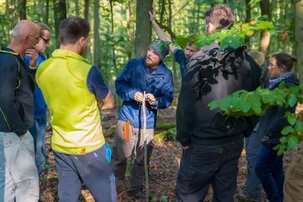 Mann erklärt Techniken mit einem Stock in einem Wald, umgeben von Zuhörern