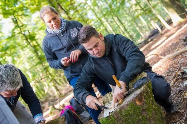 Messer bearbeitet Holzstück auf einem Baumstumpf im Wald