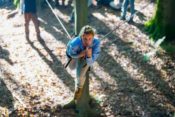 Person schwingt an Seil zwischen Bäumen im Wald
