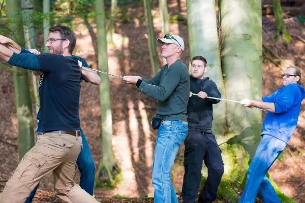 Seil wird von mehreren Personen in einem Wald gezogen