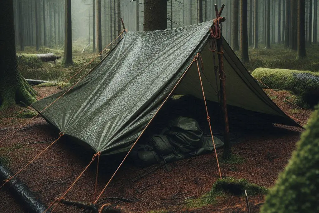 A-Frame-Tarp zwischen zwei Bäumen mit gerader Firstlinie und gleichmäßig abgespannten Dachflächen