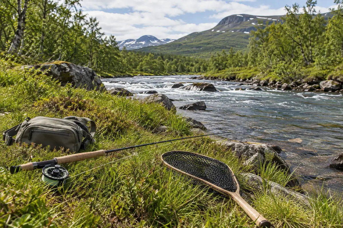 Fliegenrute und Kescher an einem klaren norwegischen Forellenfluss