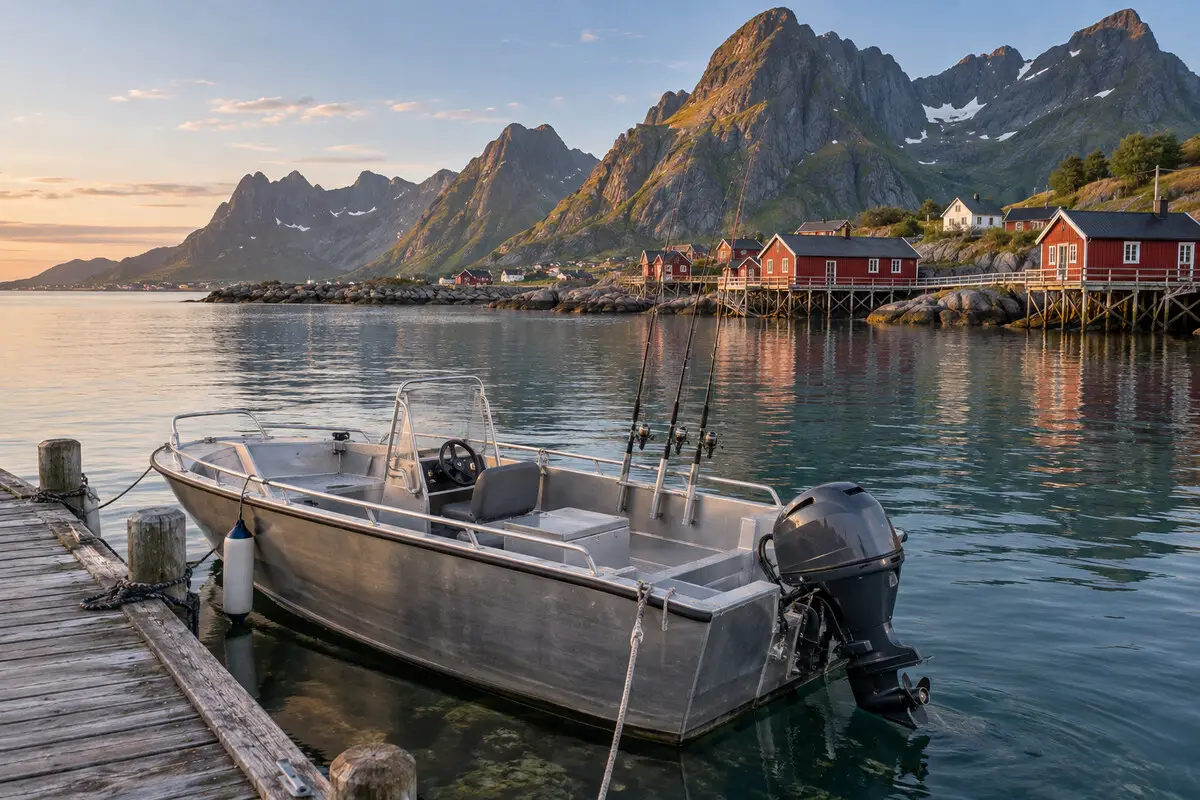 Aluminium-Angelboot an einem Steg vor roten Fischerhäusern und Bergen auf den Lofoten