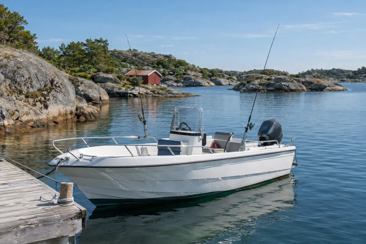 Offenes Angelboot an einem Holzsteg zwischen Granitschären bei Farsund in Südnorwegen