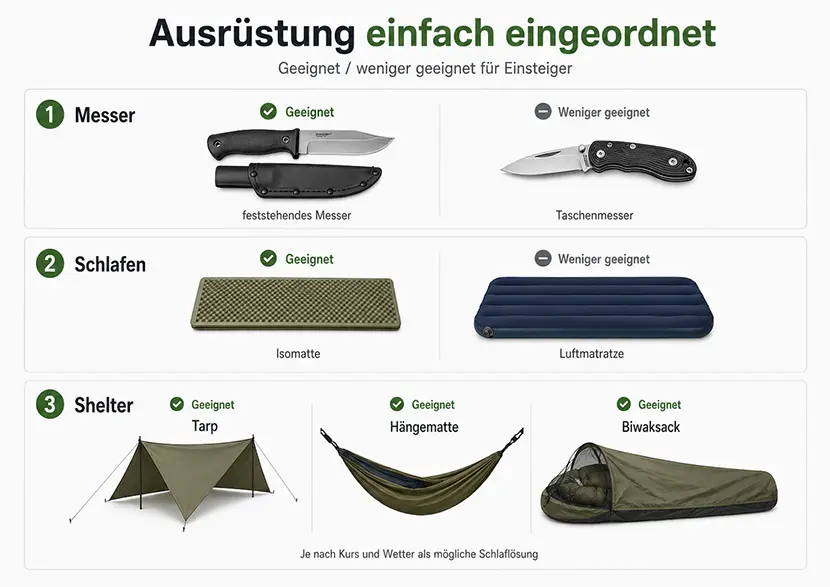Ausrüstung für Team-Survival Kurse einfach eingeordnet