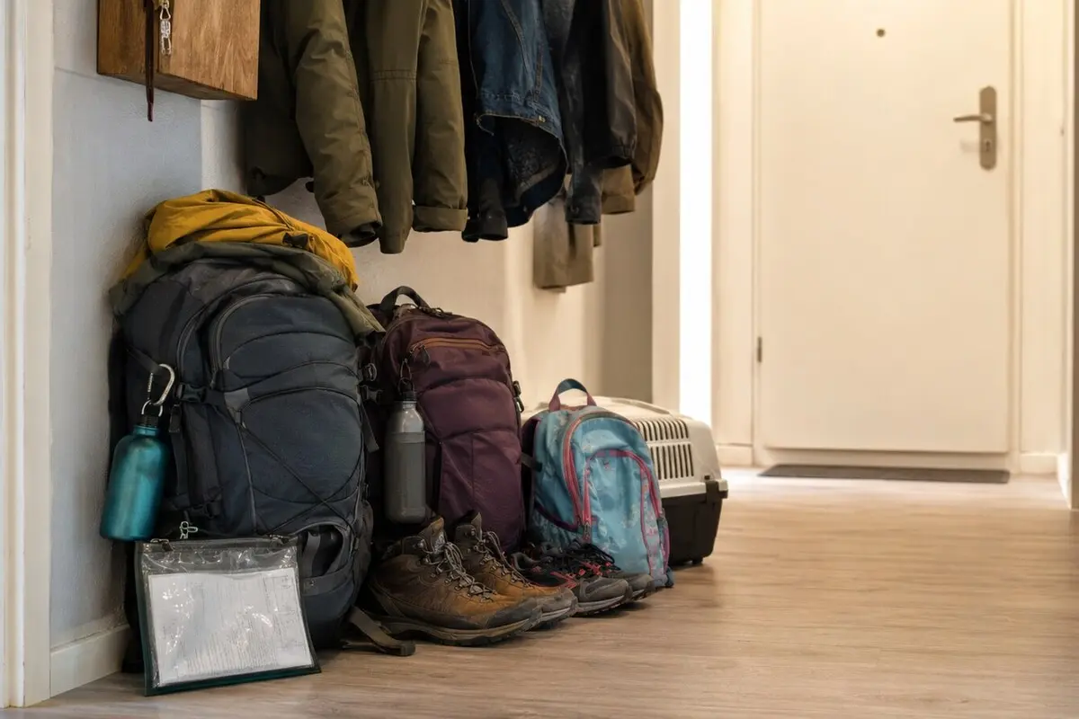 Gepackte Notfallrucksäcke, feste Schuhe und Tiertransportbox neben einer freien Wohnungstür
