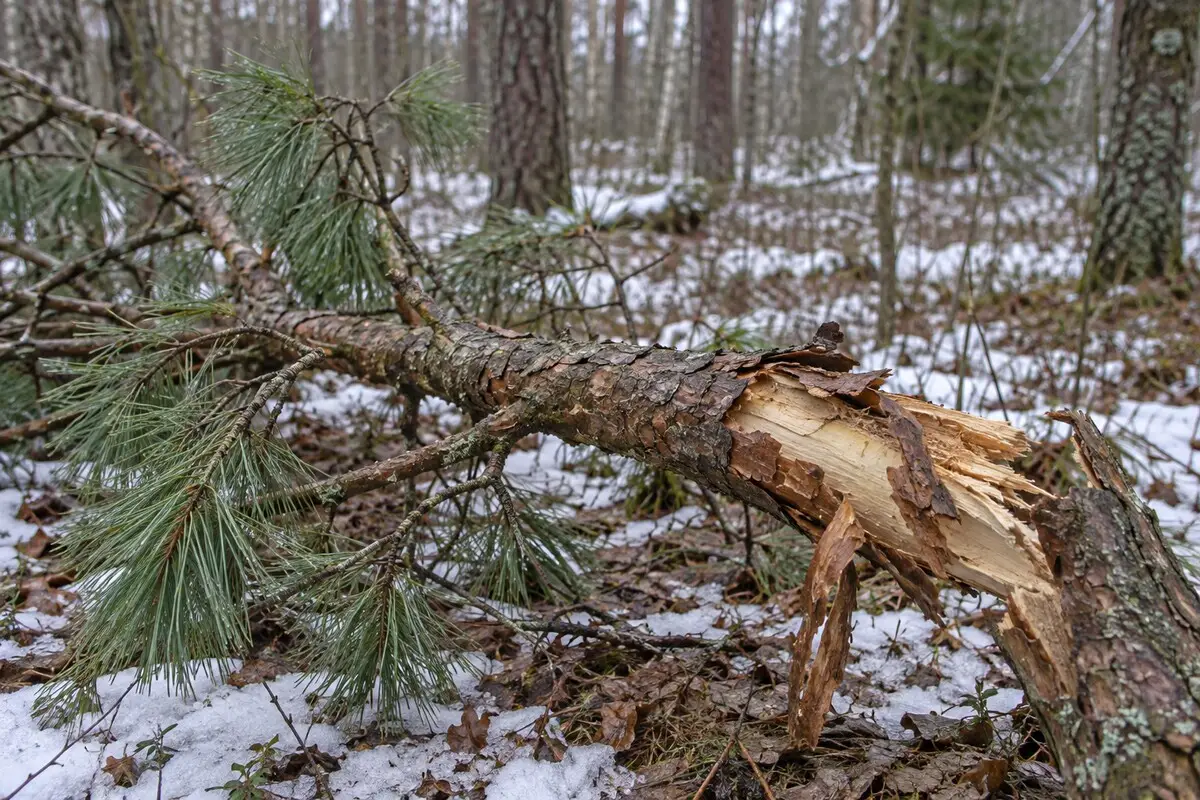 Kiefer als pflanzliche Reserve im Winter Natürlich gebrochener Kiefernast im Winterwald