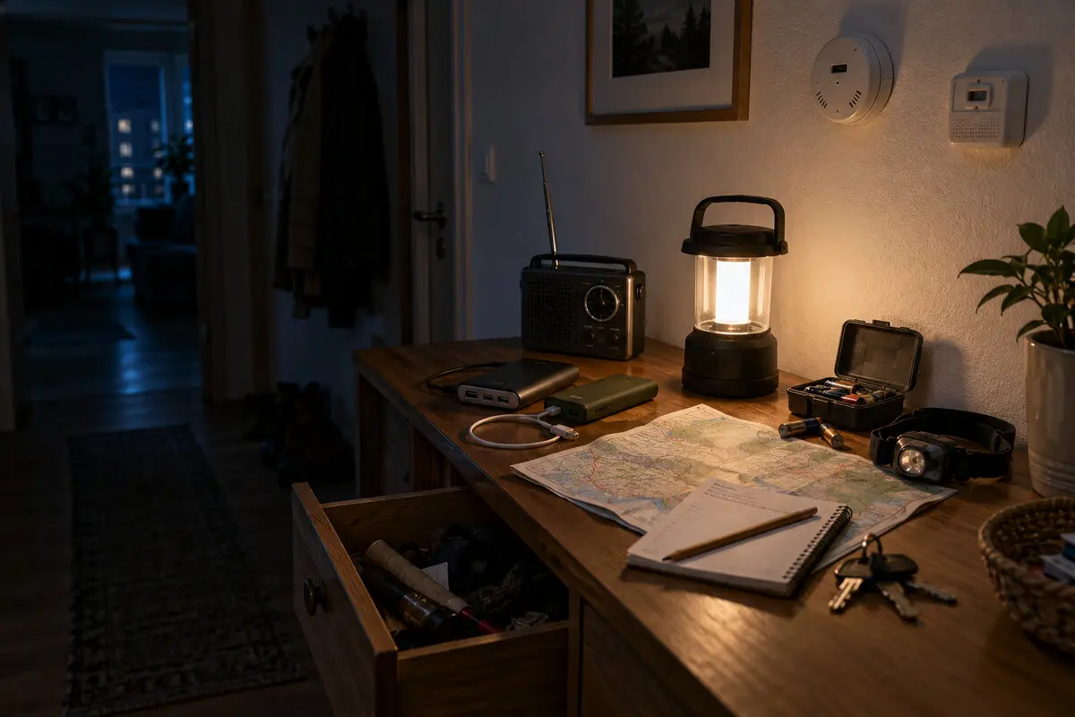 Stromausfallplatz mit LED-Laterne, Radio, Powerbanks, Batterien, Stirnlampe und Notizen