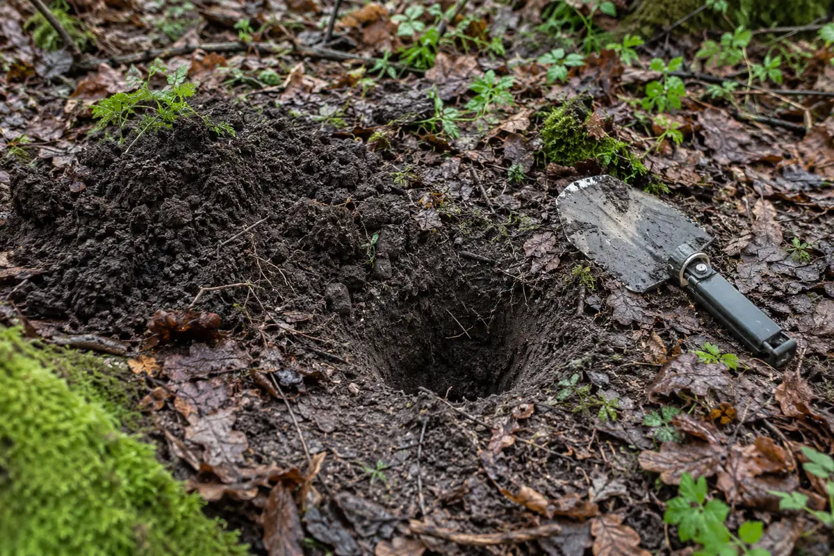 Kleines Einzelloch in natürlichem Waldboden mit seitlich bereitliegender Erde und gebrauchter Klappschaufel