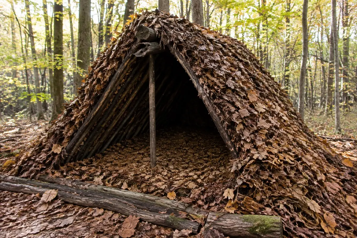 Fertig gebautes Debris Hut mit dicker Laubisolierung im Herbstwald