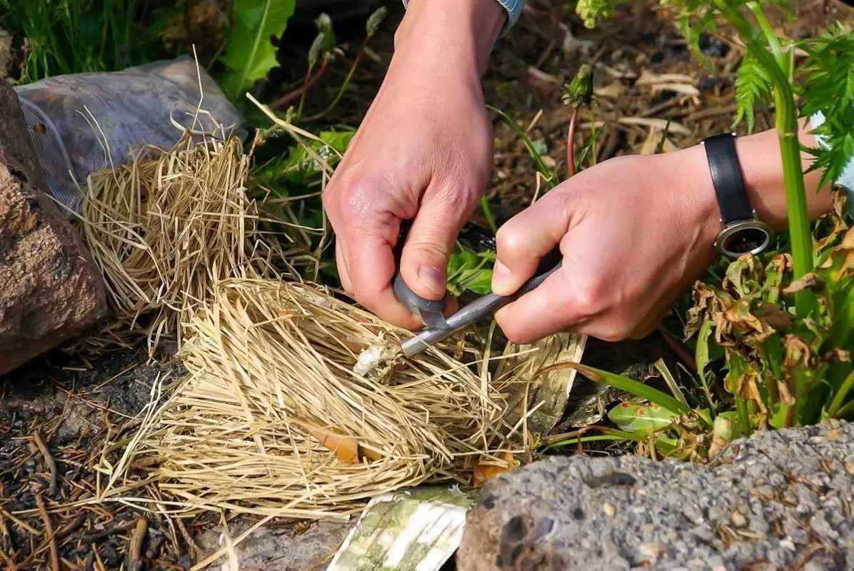 Feuerstahl erzeugt Funken auf Zunder aus trockenem Gras