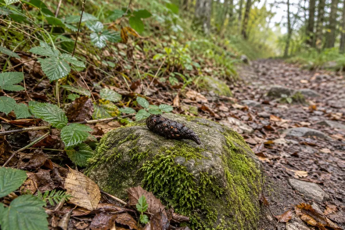 Möglicher Fuchskot auf einem erhöhten moosigen Stein neben einem Waldweg