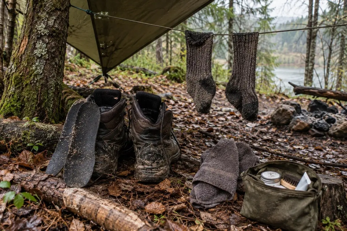 Geöffnete gebrauchte Wanderschuhe mit herausgenommenen Einlagen und getrennt aufgehängten Wollsocken unter einem Tarp