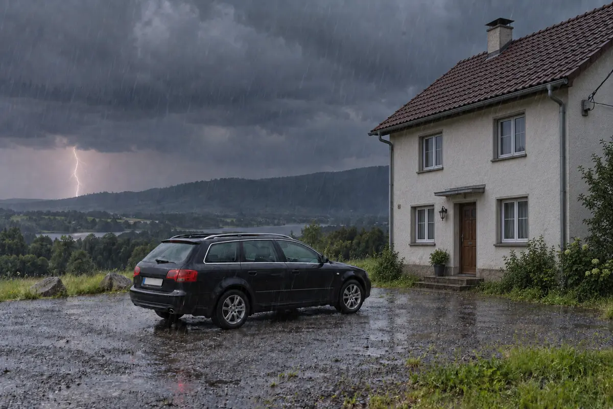 Geschlossener Kombi mit festem Metalldach neben einem massiven Wohnhaus während eines Gewitters