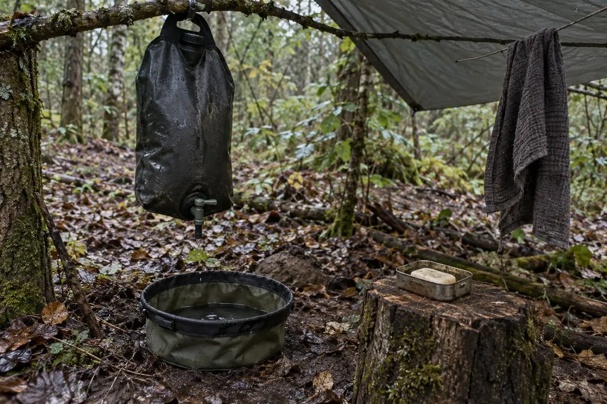 Waschplatz im Gelände mit Wasserbeutel, kleiner Schüssel, Seife und Handtuch in sicherem Abstand zu einem Bach