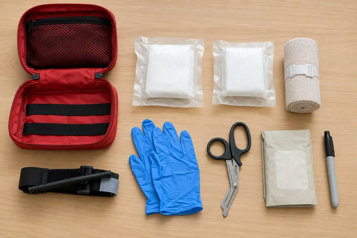 Geöffnetes IFAK mit Tourniquet, Verbandmaterial, Handschuhen, Traumaschere, Chest Seal und Marker